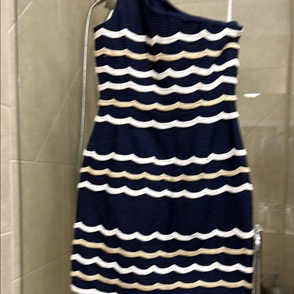 Lilly Pulitzer One-Shoulder Navy and Gold Striped Dress - Picture 3 of 6